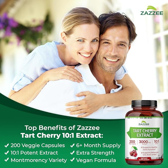 Zazzee Tart Cherry 10:1 Extract, 200 Vegan Capsules, 6+ Month Supply, Montmorency Cherry, Certified Kosher, Joint & Uric Acid Support, Antioxidant Support Formula, Non-GMO, Made in the USA