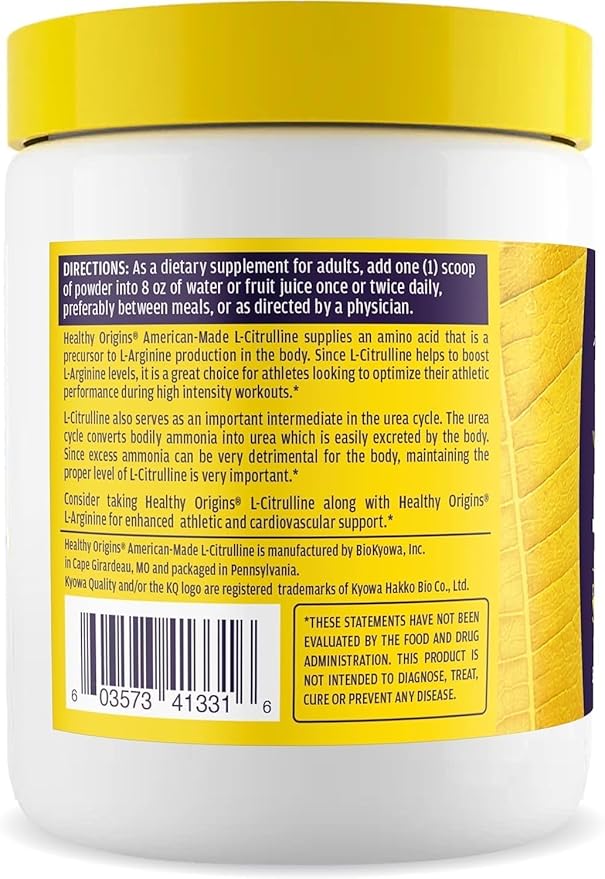 Healthy Origins L-Citrulline Powder 2,000 mg per Serving, 10.6 oz (300g) - American-Made USP Grade Amino Acid Supplement - Supports Nitric Oxide Production, Circulatory Health & Muscle Metabolism