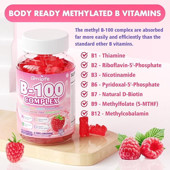 Vitamin B Complex Gummies, All B Vitamins + Methyl B12, B1, B2, B3, B5, B6, Biotin, Methylfolate, Vitamin C, Choline, Inositol, PABA for Energy & Immune Support, Raspberry Flavor, 60 Count