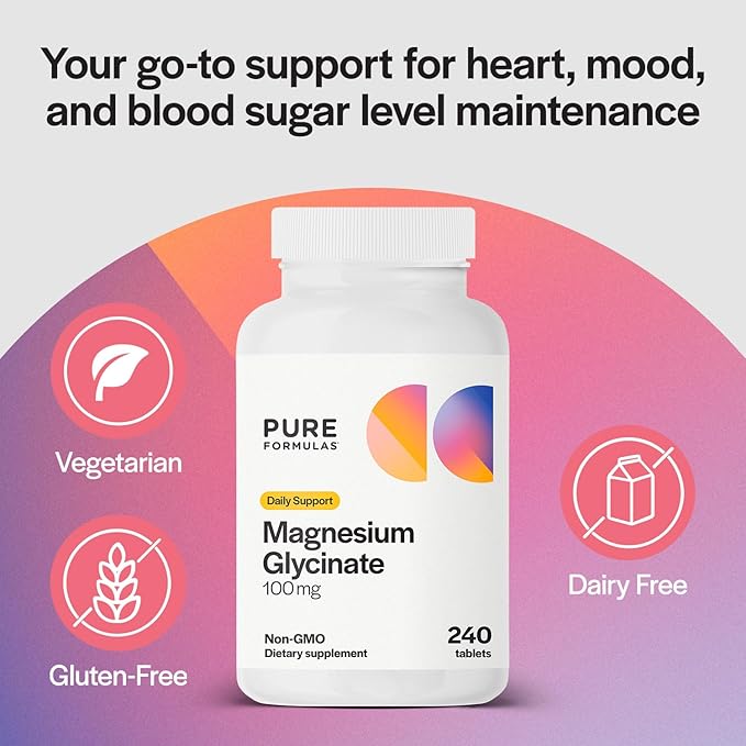 PureFormulas Magnesium Glycinate 100 mg Daily Support for Stress, Nerves, Sleep, Muscles, Metabolism Pure Magnesium Glycinate Supplement for Women and Men Magnesio Non-GMO 240 Tablets