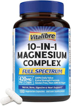 Vitalibre 10 in 1 Magnesium Complex, 420mg Elemental Magnesium | Ultra Strength, Max Absorption | Chelated Magnesium Supplement for Nerves, Bone & Heart Health | Non-GMO, 180 Vegan Capsules