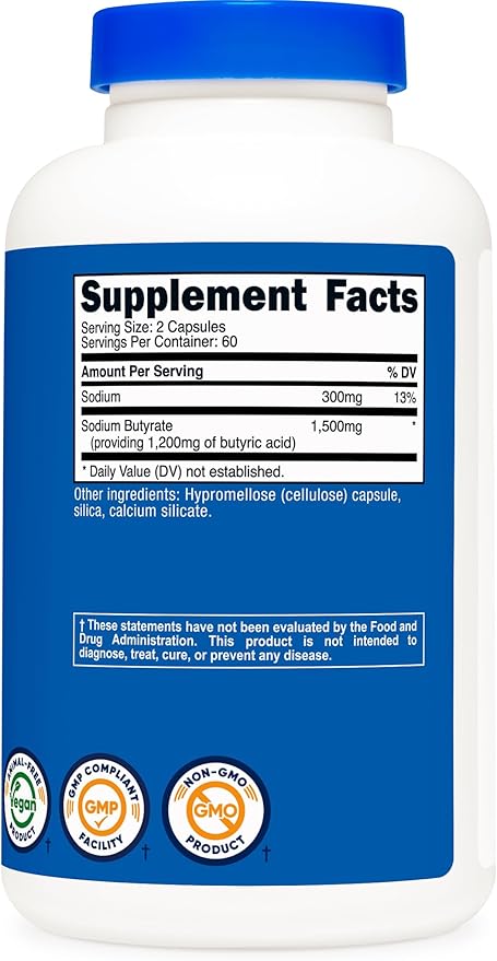 Nutricost Sodium Butyrate 1,500mg Per Serving, 120 Capsules for 60 Servings Per Bottle - Provides 1,200mg of Butyric Acid, Vegan, GMO-Free, Gluten-Free