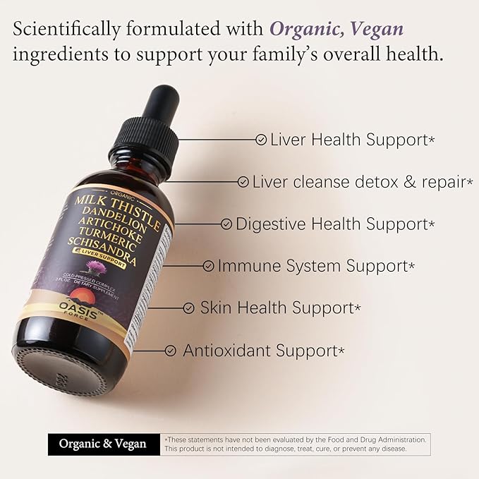Organic Milk Thistle Extract Liquid for Liver Cleanse Detox & Repair, Silymarin Milk Thistle Drops Supplement with Dandelion & Artichoke for Liver Support, Vegan, Alcohol-Free, 2 FL OZ