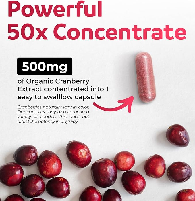 Organic Cranberry Pills - Vegan Supplement for Urinary Tract Health & Kidney Cleanse - Cranberry Pills for Women 500mg 50:1 Cranberry Concentrate Per Serving - Urinary Tract Support - 120 Capsules