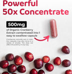 Organic Cranberry Pills - Vegan Supplement for Urinary Tract Health & Kidney Cleanse - Cranberry Pills for Women 500mg 50:1 Cranberry Concentrate Per Serving - Urinary Tract Support - 60 Capsules