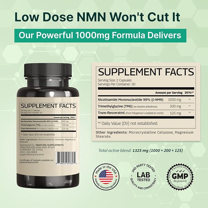 VINATURA NMN Complex Supplement 1325MG - NMN 1000mg with Resveratrol and TMG, Support NAD+, 60 Capsules