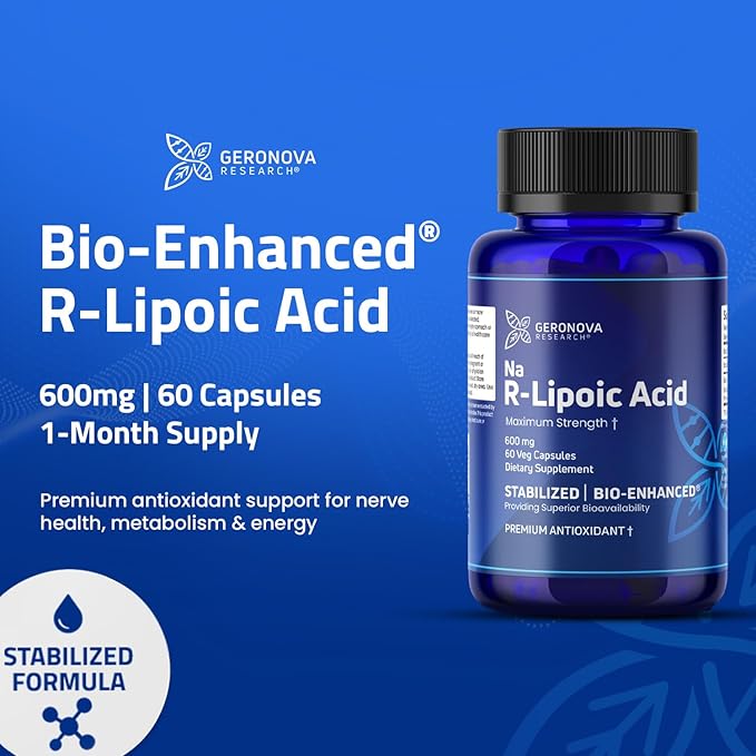 Geronova Research Bio-Enhanced R-Lipoic Acid, 600 mg Dose - 1 Month Supply - Stabilized R Alpha Lipoic Acid with Enhanced Absorption - R Lipoic Acid Supplement - 60 Capsules