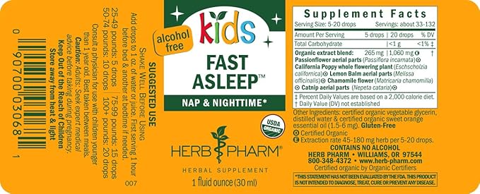 Herb Pharm Kids Fast Asleep™: Sleep Support Herbal Extract, Sugar-Free, Alcohol-Free, Herbal Supplement for Kids, Nap & Nighttime Support, Non-Bitter, Up to ~132 Servings Per Bottle, 1 oz*