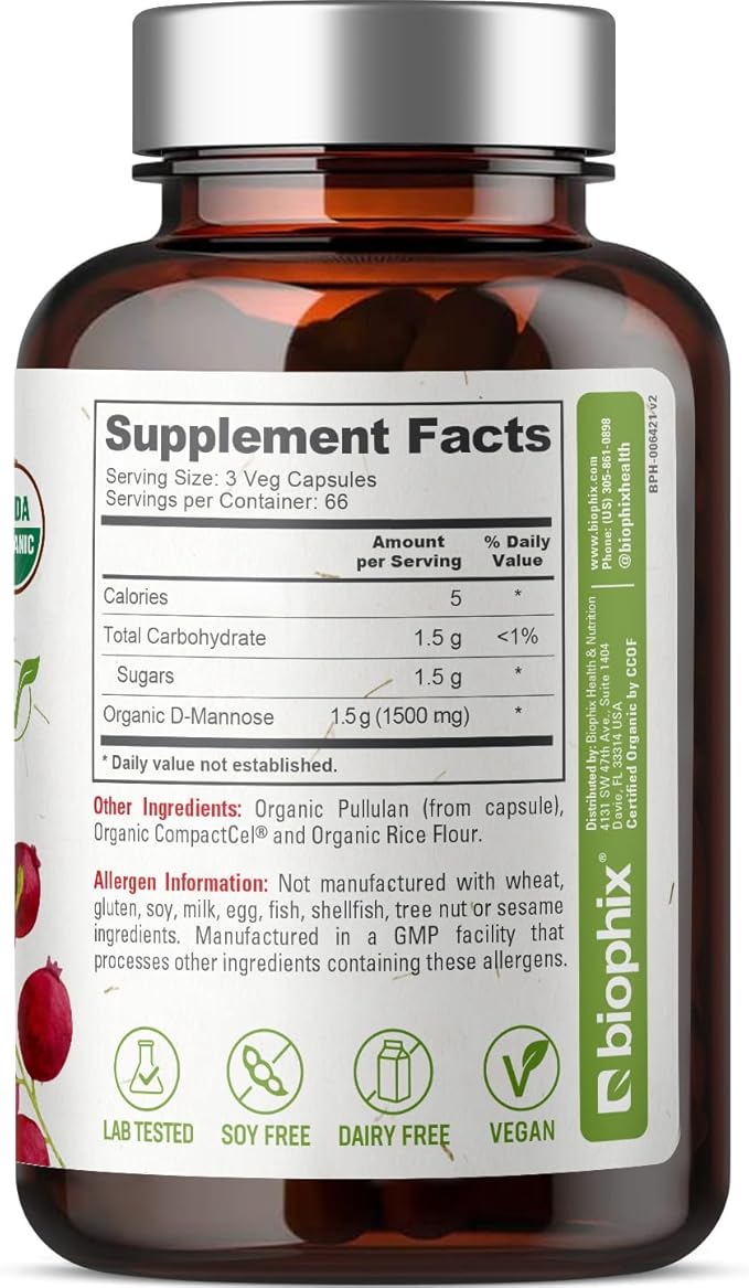 biophix D-Mannose USDA Organic 1500 mg 200 Veggie Caps - Supports a Healthy Bladder Urinary Tract, Non-GMO, Vegan-Friendly