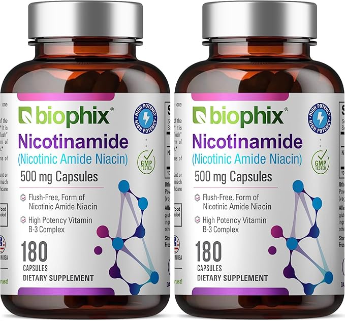 biophix B-3 Nicotinamide 500 mg 180 Caps 2 Pack - Nicotinic Amide Niacin Natural Flush-Free Vitamin Formula - Supports Skin Cell Health