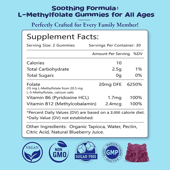 L-Methylfolate Gummies with Methyl B12 - Empower Mood, Optimize Brain Health & Fortify Immune System. Blueberry Flavor 60 Count.
