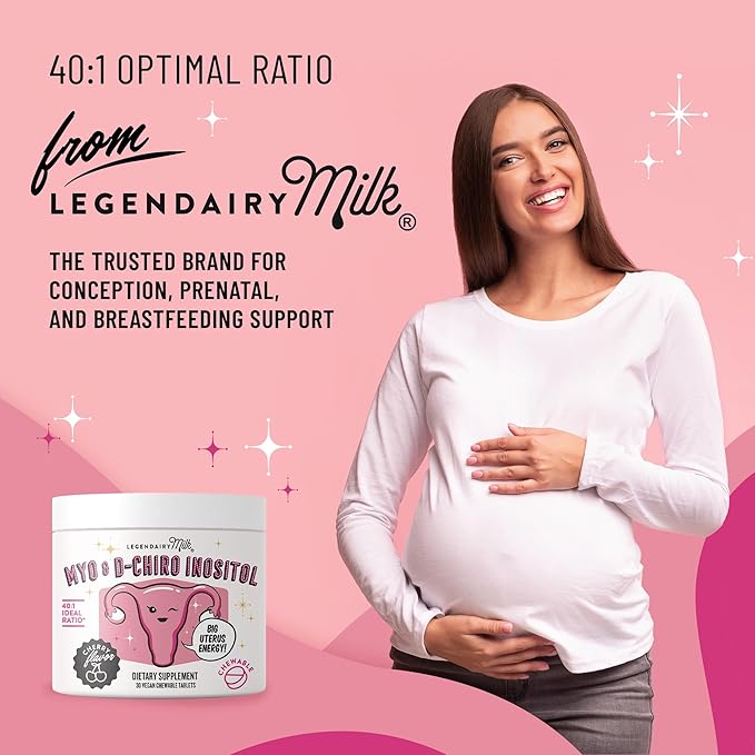 Legendairy Milk Myo-Inositol & D-Chiro Inositol Supplement for Women, 40:1 Ratio, PCOS & Fertility Support, Hormone Balance, Sugar Free Vegan Chewable Tablets, Cherry Flavor, 30 Day Supply