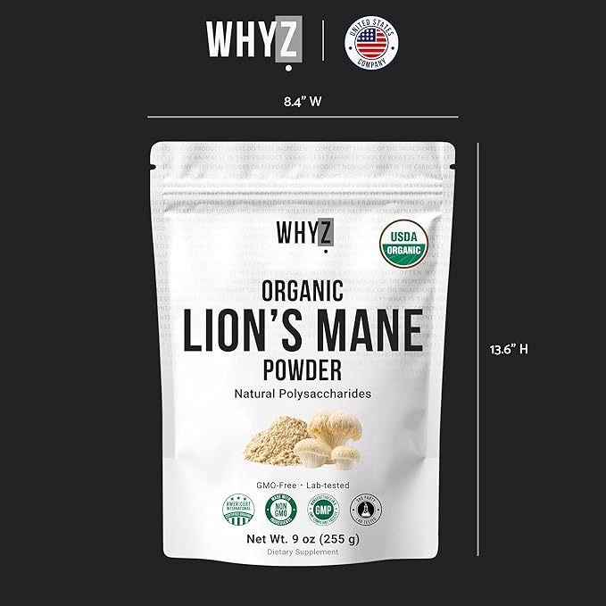 Organic Lion’s Mane Mushroom Powder Fruiting Body Superfood Freeze-Dried Unflavored Natural Polysaccharides for Smoothies Coffee Supports Brain Focus Energy Vegan Gluten-Free Non-GMO, 9 oz (255g)