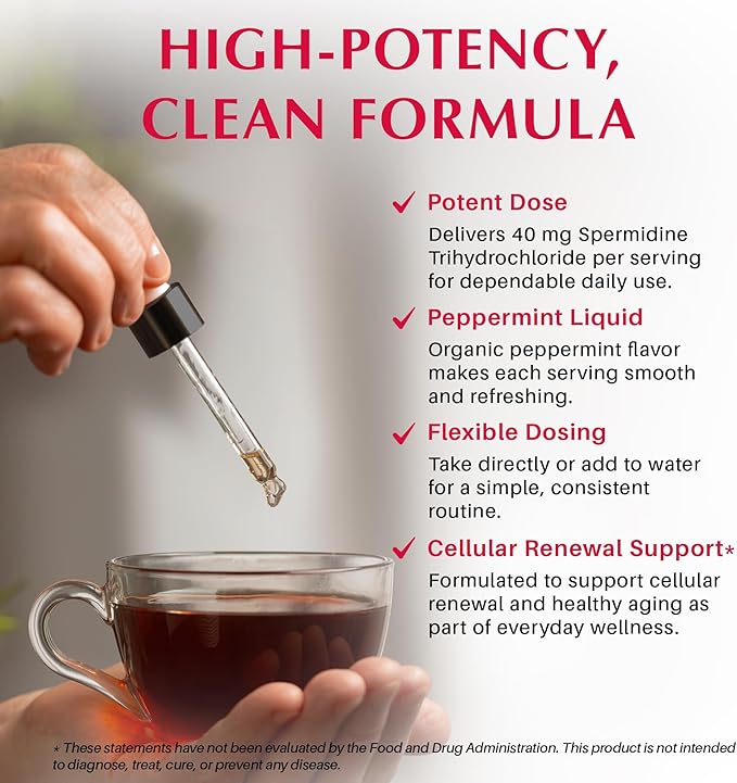 Spermidine Liquid Drops — Cellular Renewal & Healthy Aging Support, High-Potency 40 mg, Organic Peppermint Flavor, Bioavailable Polyamine Supplement — 2 fl oz