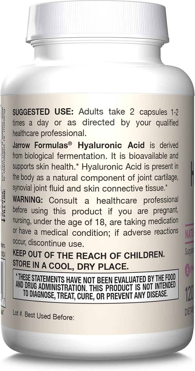 Jarrow Formulas Hyaluronic Acid 120 mg, Dietary Supplement, Skin Health Support, 120 Veggie Capsules, Up to 60 Day Supply, Pack of 12
