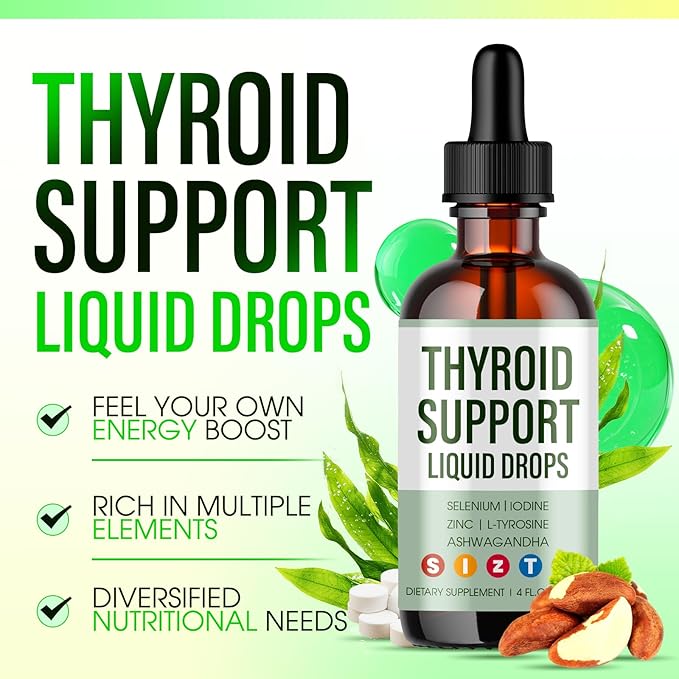Thyroid Support Liquid Drops – Iodine Drops with Selenium, Zinc, L-Tyrosine & Ashwagandha – Supports Metabolism, Energy & Hormonal Balance for Women & Men