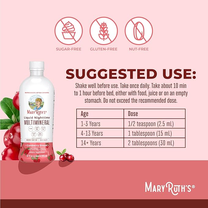 MaryRuth's Liquid Nighttime Multimineral | No Melatonin | Bedtime Routine | Magnesium Citrate | Calcium | Zinc | Vitamin D3| Available in 4 Flavor - Vegan | Sugar Free | Gluten Free | 32 Oz