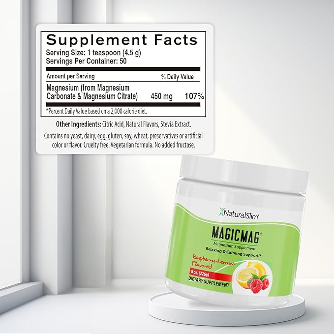 NaturalSlim MagicMag Magnesium Citrate Powder Drink for Relaxation, Stress, Constipation, Better Rest & Digestive Health, Magnesium Supplement for Women and Men, Raspberry Lemon 8oz