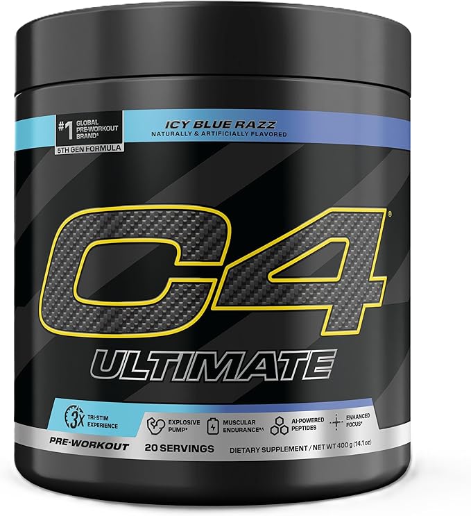C4 Ultimate Pre Workout Powder ICY Blue Razz - Sugar Free Preworkout Energy Supplement for Men & Women - 300mg Caffeine + 3.2g Beta Alanine + 2 Patented Creatines - 20 Servings