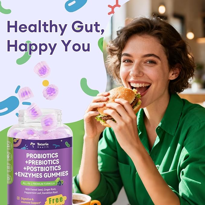 Totaria 2 PCS Sugar Free 5-in-1 Probiotic Prebiotic Postbiotic Gummy, 36 Strains Probiotics for Women Men with Digestive Enzymes, Peppermint, Complete Immune, Gut & Digestive Support, Grape Flavor