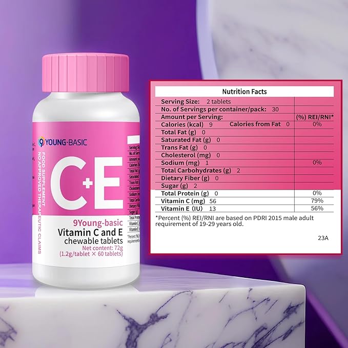 Premium Vitamin C + Vitamin E Chewable - Natural VIT C and VIT E Supplement for Dual Antioxidant, Heart, Circulatory, and Immune System Support - 60 Orange Tablets