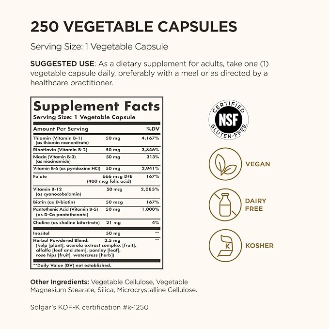 Solgar B-Complex “50”, 250 Vegetable Capsules - Energy Metabolism, Cardiovascular Support, Nervous System Support - Non-GMO, Vegan, Gluten Free, Dairy Free, Kosher - 250 Servings