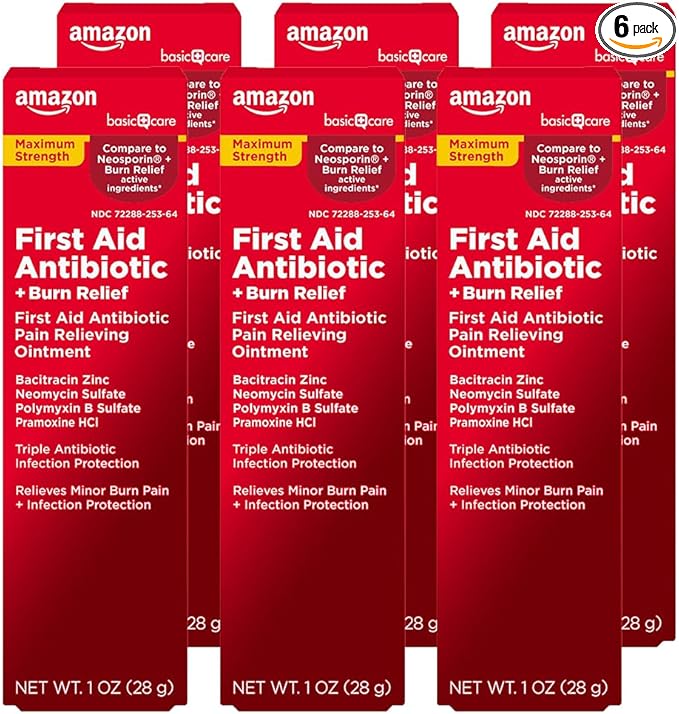 Amazon Basic Care First Aid Antibiotic Burn Relief, Maximum Strength Triple Antibiotic Ointment, 1 Ounce (Pack of 6)