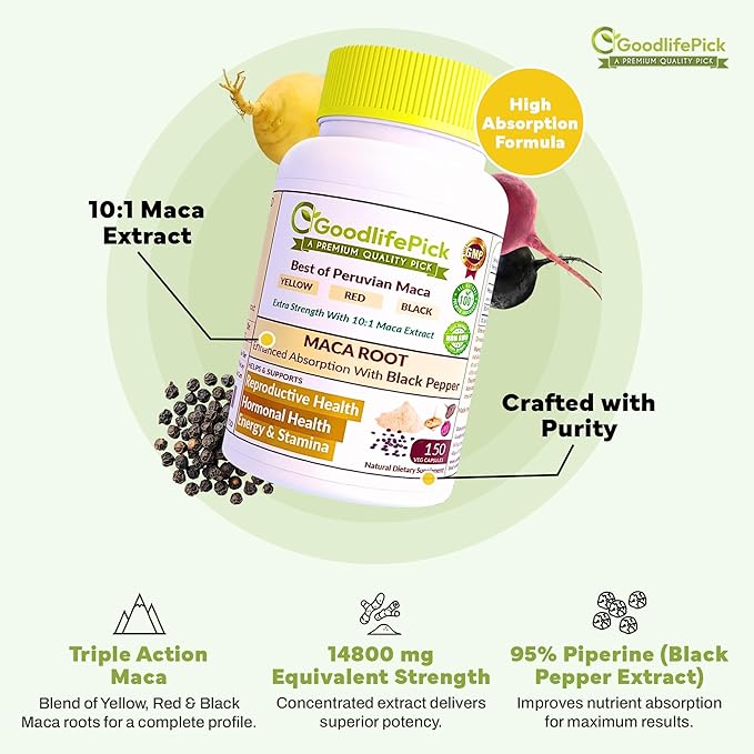 Peruvian Maca Root Capsules with Black Pepper 150 ct. Premium Yellow Red & Black Red Powerful 10:1 All Type Maca Extract All Natural Non-GMO Vegan NO Rice Powder NO Stearate NO Silicon (Pack of 2)