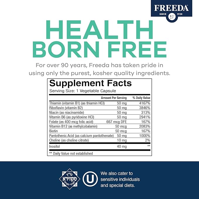 FREEDA Vitamin B-50 Complex – Super Quints B-Complex with B1 B2 B3 (Niacinamide) B5 B6, Biotin, Folate & B12 + Choline & Inositol – Vegan Capsules, 100 Count – Made in USA
