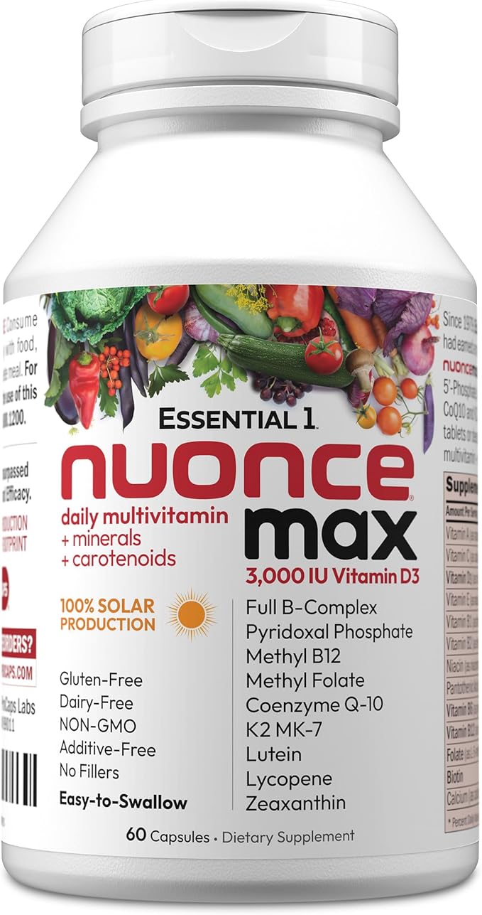 ANDREW LESSMAN Essential-1 nuonce max Multivitamin 3000 IU Vitamin D3 60 Small Capsules. 100 mcg Methyl B12. CoQ10 Lutein Lycopene Zeaxanthin. High Potency. No Additives. Ultra-Mild One Daily Capsule
