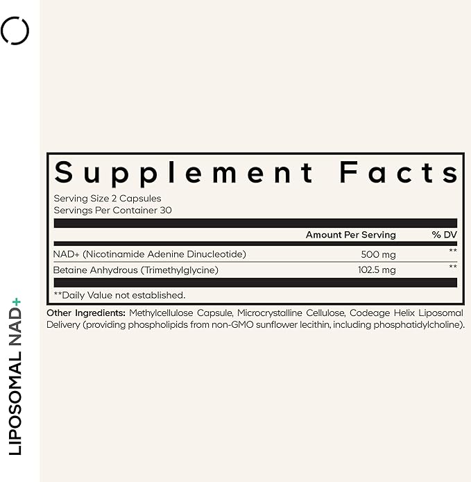 Codeage Liposomal NAD+ Supplement - NAD Nicotinamide Adenine Dinucleotide Coenzyme Pills - 500 mg NAD+ Per Serving & Betaine Anhydrous - Liposomal Delivery - Vegan, Non-GMO, Gluten-Free - 60 Capsules