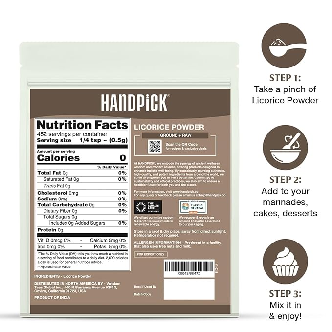 HANDPICK Licorice Root Powder (226g/8oz) Non GMO, Gluten Free, 100% Raw Ground Mulethi, Sourced from India, Glycyrrhiza Glabra, Packed in Resealable Ziplock Pouch