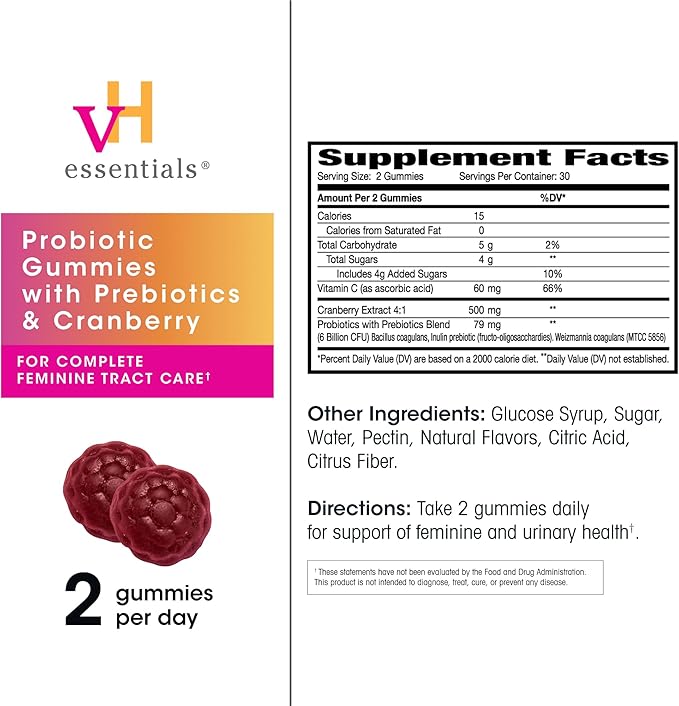 vH essentials Probiotic Gummies with Prebiotics & Cranberry, Concentrated Extract for Urinary Tract Health, Supports Vaginal Microflora Balance for a Healthy Feminine Tract, 60 Count 2 Pack