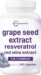 Micro Ingredients Grape Seed Extract, 240 Capsules | 3-in-1 Antioxidant Blend with Resveratrol & Red Wine Extracts | Max Strength Polyphenols Supplement | Non-GMO