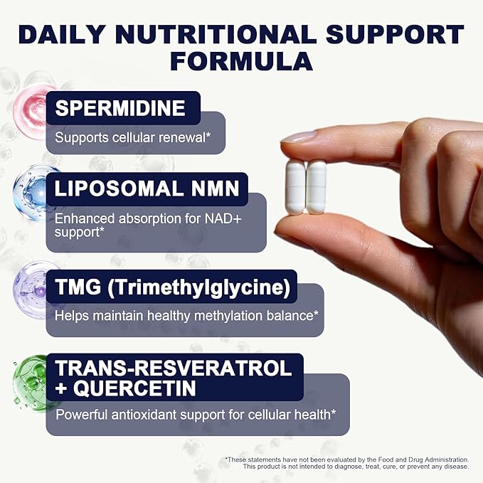 LanranBee Liposomal NMN Supplement Complex 1000mg Per Serving, 60 Veggie Capsules | 6-in-1 NAD+ Support Formula with NMN, Quercetin, Trans-Resveratrol, TMG & Spermidine | Gluten-Free, Non-GMO