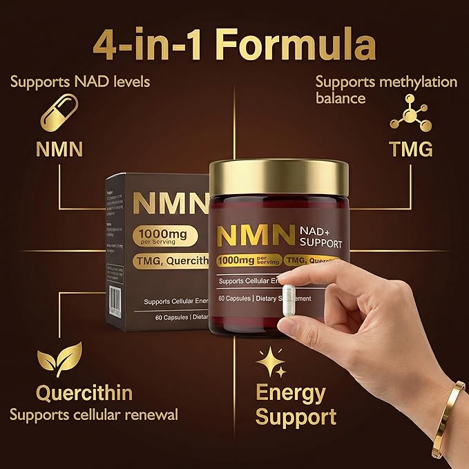 NMN Supplement 1000mg, 4-in-1 Liposomal NMN for NAD+ Supplement, nmn Supplement with Quercetin, Cellular Energy & NAD+ Levels Support for Men & Women, 60 Capsules