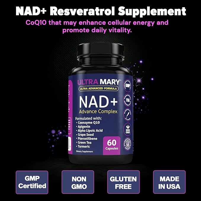 NAD+ Resveratrol Supplement – Longevity Formula with Nicotinamide Adenine Dinucleotide with CoQ10, Apigenin & Turmeric Anti-Ageing Formula for Men & Women – 60 Capsules