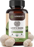 Longevity Botanicals Organic Lion's Mane Mushroom Capsules Supplement Extract 120ct | Hericium Erinaceus Fruiting Body | ≥20% Beta-D-Glucans | 40 Servings of 900mg | Supports Cognitive & Gut Wellness