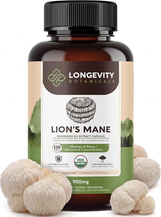 Longevity Botanicals Organic Lion's Mane Mushroom Capsules Supplement Extract 120ct | Hericium Erinaceus Fruiting Body | ≥20% Beta-D-Glucans | 40 Servings of 900mg | Supports Cognitive & Gut Wellness