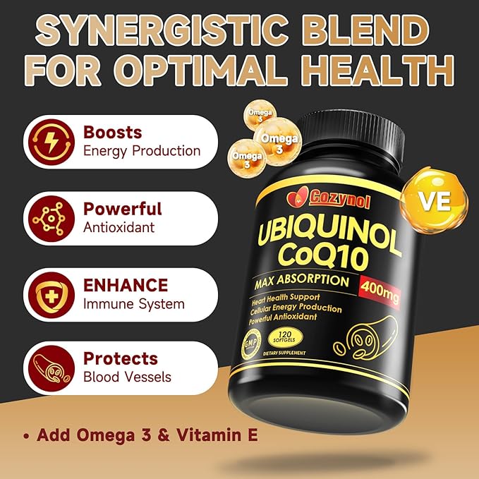 Ubiquinol CoQ10 400mg Softgels with Vitamin E & Omega-3, Max-Absorption Coenzyme Q10, Powerful Antioxidant, Supports Heart Health & Energy-Production,120 Count, Non-GMO