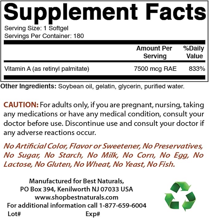 Best Naturals Vitamin A 25000 IU (7500 mcg), Non-GMO Formula Supports Healthy Vision & Immune System and Healthy Growth & Reproduction, 180 Softgels (180 Count (Pack of 3))
