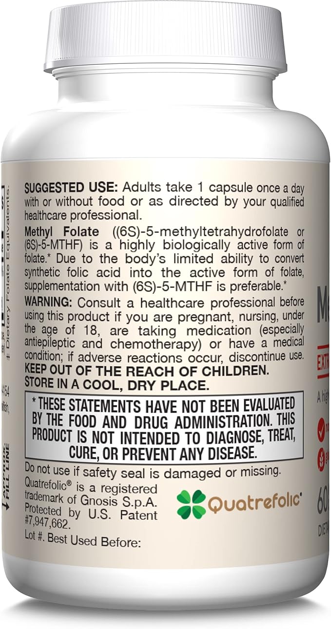 Jarrow Formulas Extra Strength Methyl Folate 400 mcg, Dietary Supplement for Cardiovascular and Neurologic Health Support, 60 Veggie Capsules, 60 Day Supply