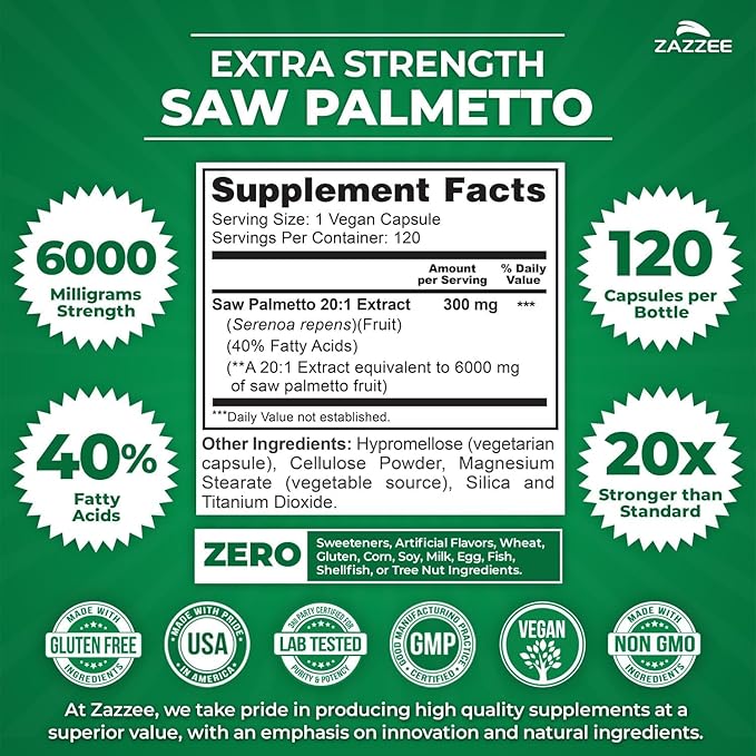Zazzee Saw Palmetto and French Maritime Pine Bark Extract Capsules | 20:1 Saw Palmetto Extract Plus French Pine Bark | Prostate Support Bundle