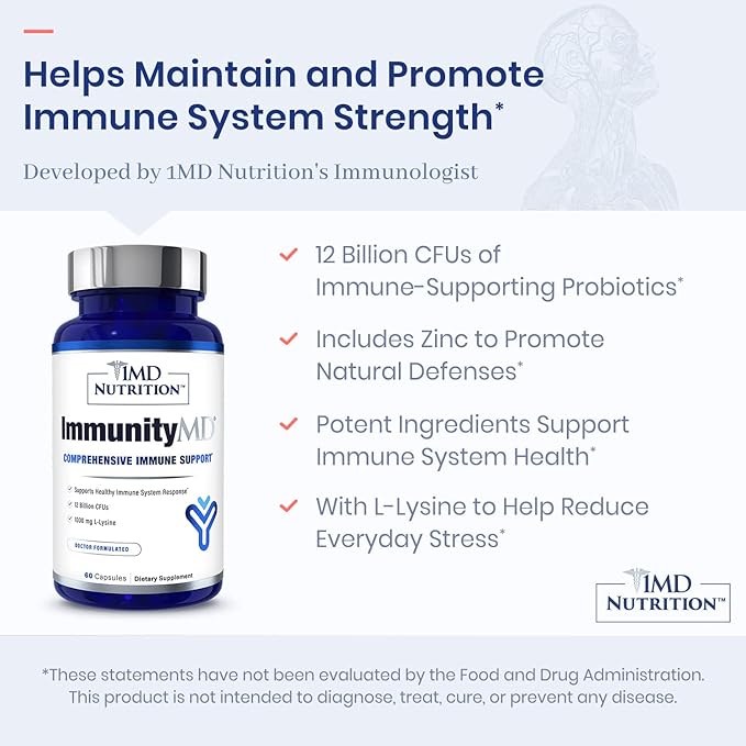 1MD Nutrition ImmunityMD - Immune Health Probiotic | Potent, Doctor-Selected Probiotic Strains with Prebiotic - Promote Overall Immune System Strength, Reduce Everyday Stress | 60 Capsules