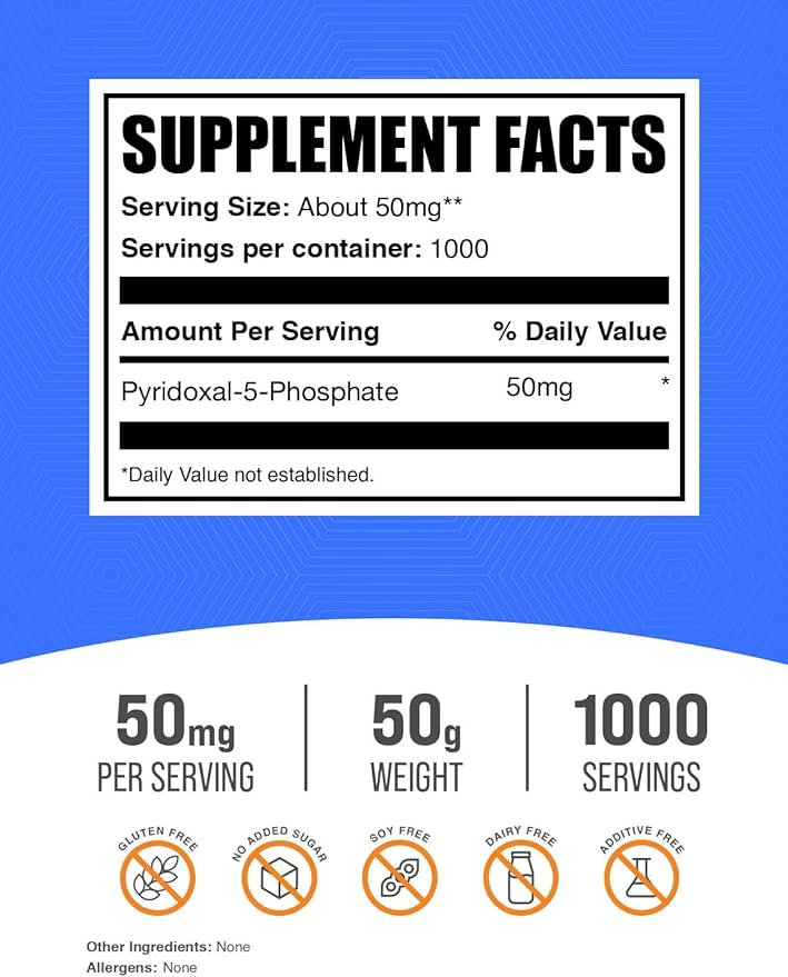 BulkSupplements.com Pyridoxal 5 Phosphate Powder - P-5-P Vitamin B6 Supplement, P-5-P 50mg - P5P Supplement, Gluten Free, 50mg of per Serving, 50g (1.8 oz) (Pack of 1)