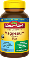 Nature Made Magnesium Citrate 250 mg per serving, Magnesium Supplements for Men and Women, Supports Muscle, Nerve, Bone and Heart, 60 Softgels, 30 Day Supply