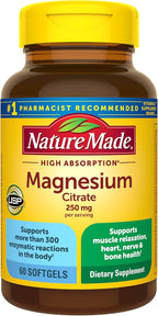 Nature Made Magnesium Citrate 250 mg per serving, Magnesium Supplements for Men and Women, Supports Muscle, Nerve, Bone and Heart, 60 Softgels, 30 Day Supply