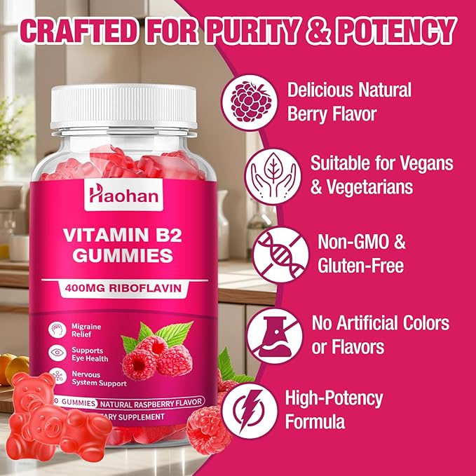 Haohan Vitamin B2 400mg with Magnesium Gummies for Migraine and Nervous System Support in Sugar-Free Vegan Raspberry Flavor, 60 Count for Adults and Kids