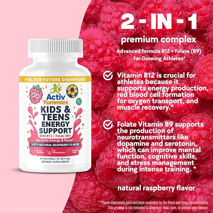 Kids & Teens Energy Support with Vitamin B12 + Folate (B9) - Supports Energy Production, Brain Function & Metabolism - Gluten Free - Raspberry Flavor - Soft Chew 60 Gummies (60 Servings)