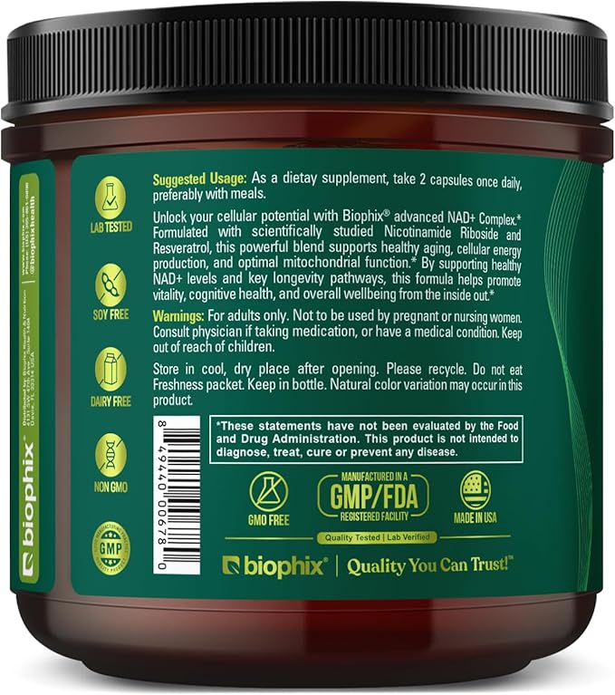 biophix NAD+ Liposomal Supplement for Women & Men - 1000 mg per Serving - Nicotinamide Riboside, Micronized Resveratrol & Quercetin Complex - 100 Veg Capsules - Non-GMO, Gluten-Free, cGMP Certified